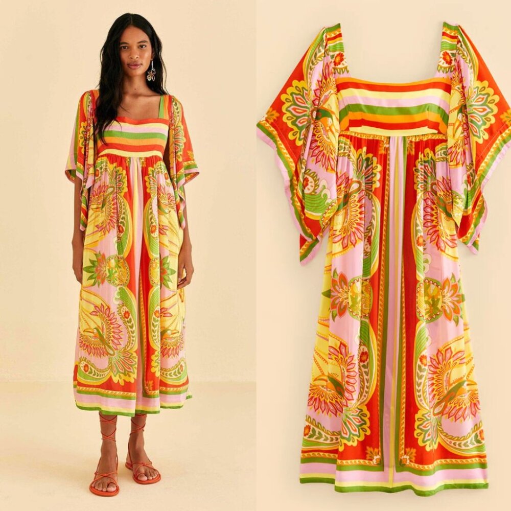 Farm Rio Toucans Scarf Multi Midi Dress Size Medium